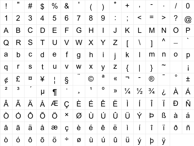 Arial MT Std Regular Character Map
