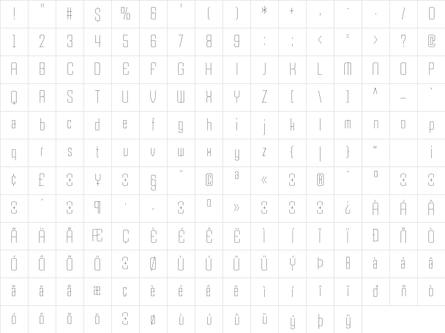 Armada ThinCondensed Character Map