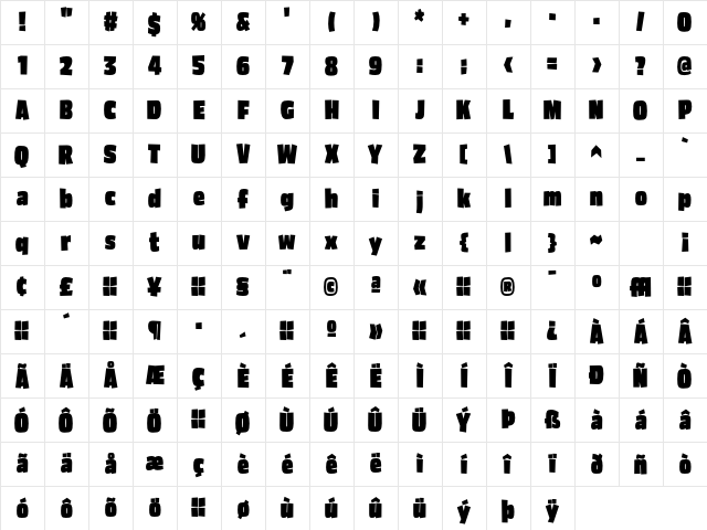 Asphalt BlackCondensed Character Map