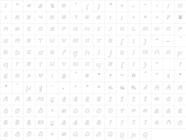 Aura OutlineOblique Character Map Aura OutlineOblique Character Map