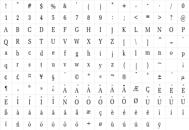 Bid Roman Thin Character Map