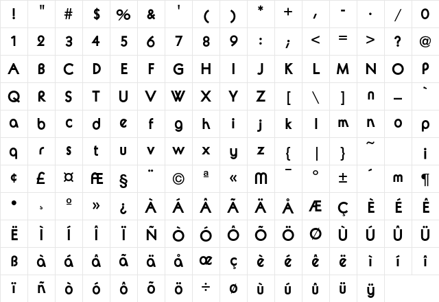 Avalon Bold Character Map