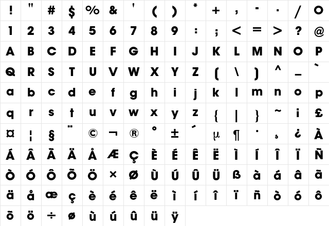 Avant Garde BQ Regular Character Map