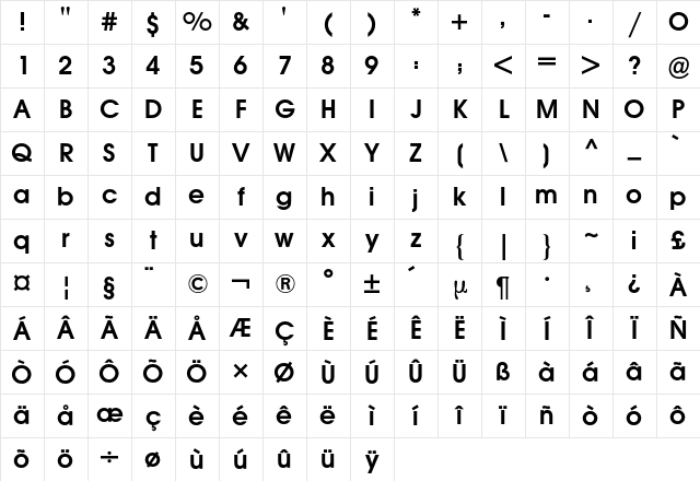 Avant Garde BQ Regular Character Map