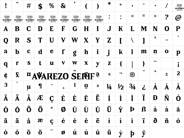Avarezo Serif PERSONAL USE Regular Character Map