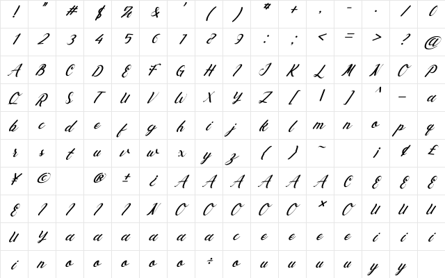 Ayunda Italic Character Map