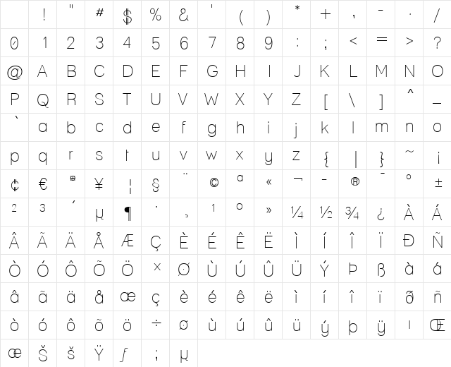 Lane - Narrow Regular Character Map Lane - Narrow Regular Character Map