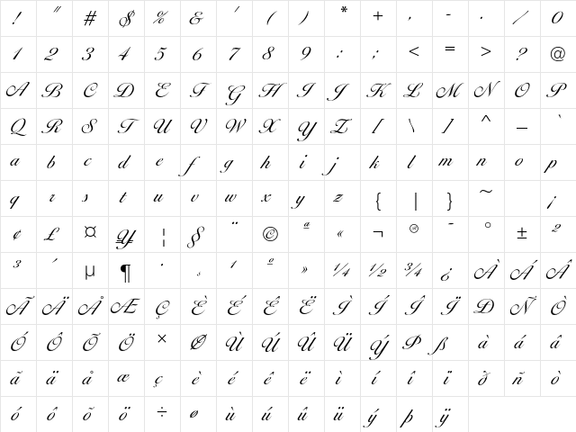 BallantinesScriptEF Light Character Map