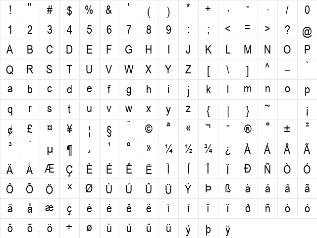 Arial Narrow Regular Character Map