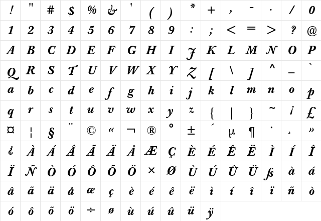Baskerville Book BQ Regular Character Map