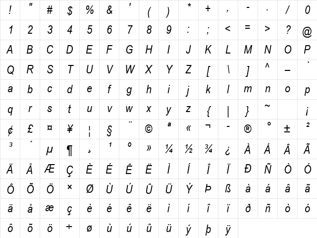 Arial Narrow Italic Character Map