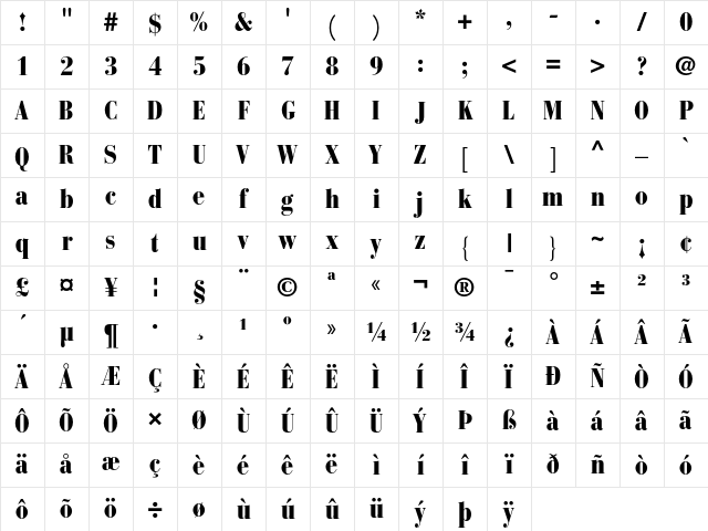 BauerBodoni Regular Character Map BauerBodoni Regular Character Map