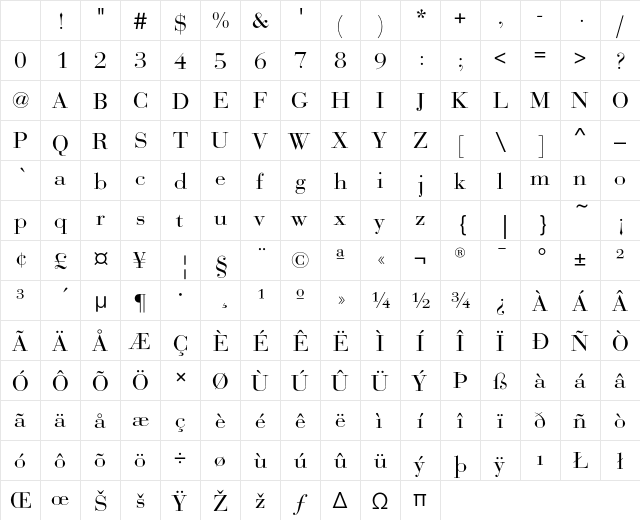 BauerBodoniEF Regular Character Map BauerBodoniEF Regular Character Map