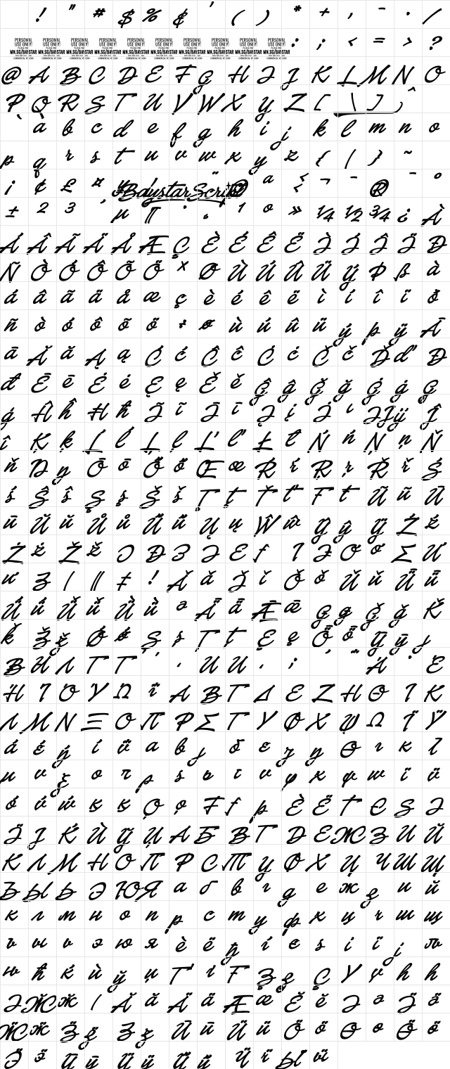 Baystar Script PERSONAL USE ONLY Medium Bold Character Map