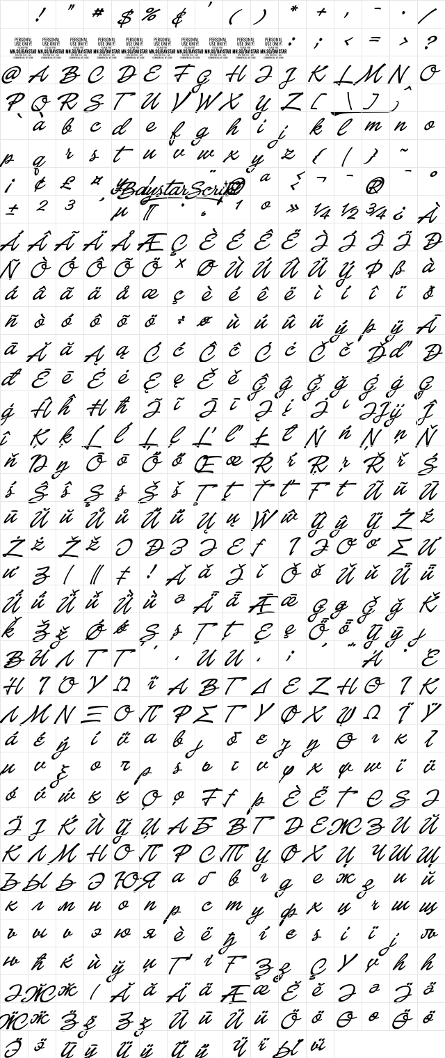 Baystar Script PERSONAL USE ONLY Medium PERSONAL USE ONLY Regular Character Map