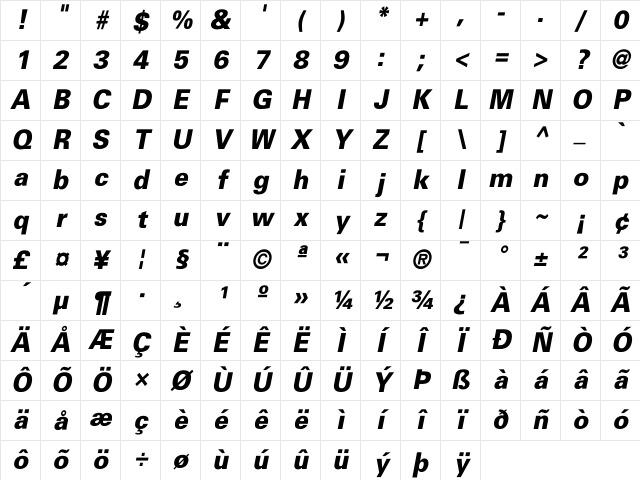 Beetham BlackOblique Character Map