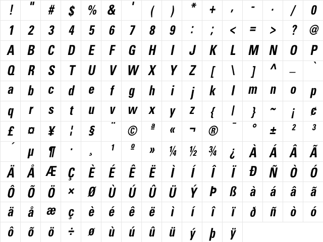 Beetham CondensedBoldOblique Character Map