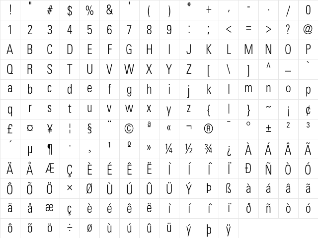 Beetham CondensedLight Character Map