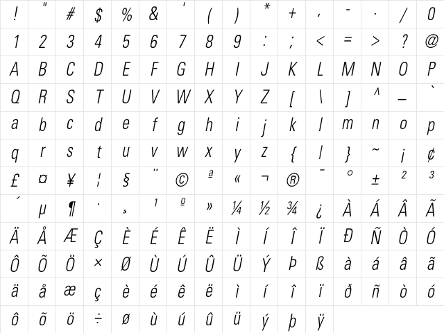 Beetham CondensedLightOblique Character Map Beetham CondensedLightOblique Character Map