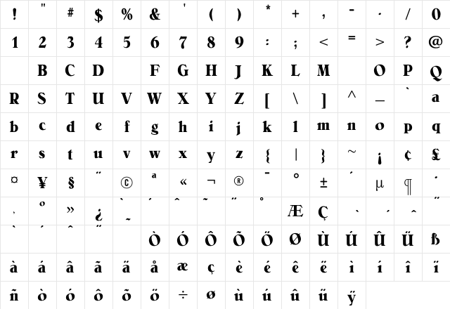 BelliniBoldCondensed Regular Character Map