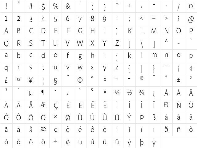 Beret LT Std Light Character Map