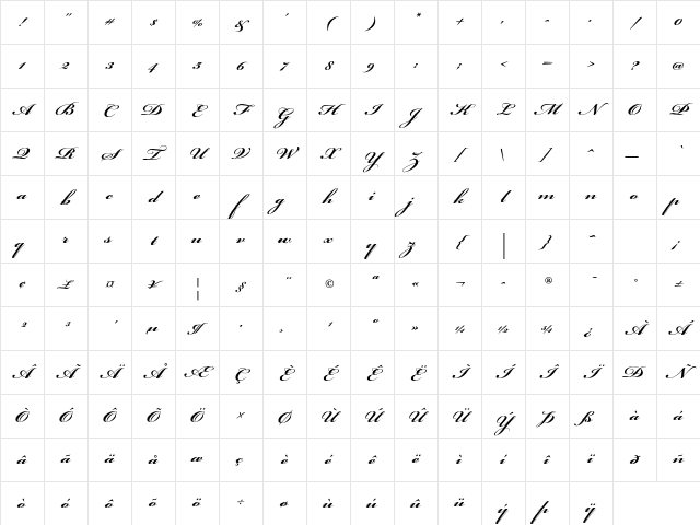 Bickham Script Pro Bold Character Map