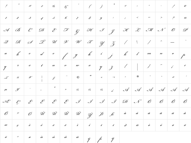 Bickham Script Std Regular Character Map