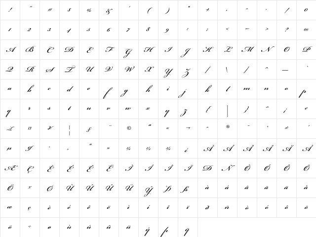 Bickham Script Std Semibold Character Map