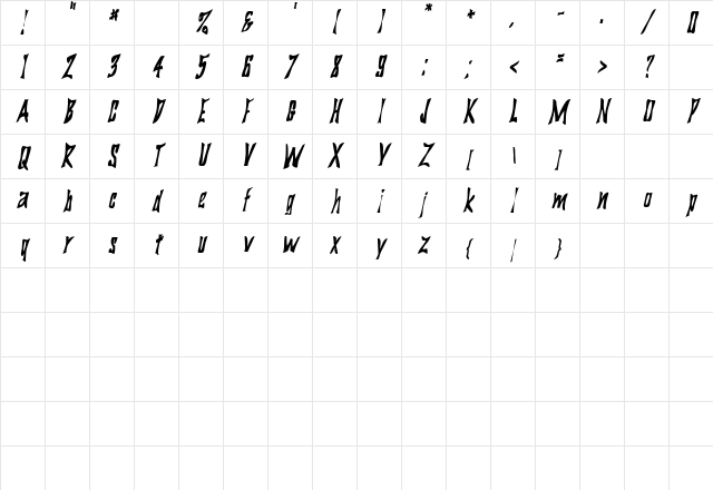 BigDaddyCondensed Oblique Character Map