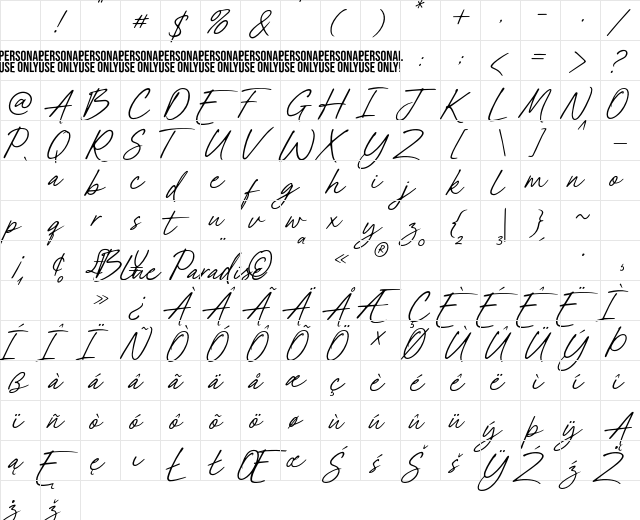 Blue Paradise Personal Use Regular Character Map
