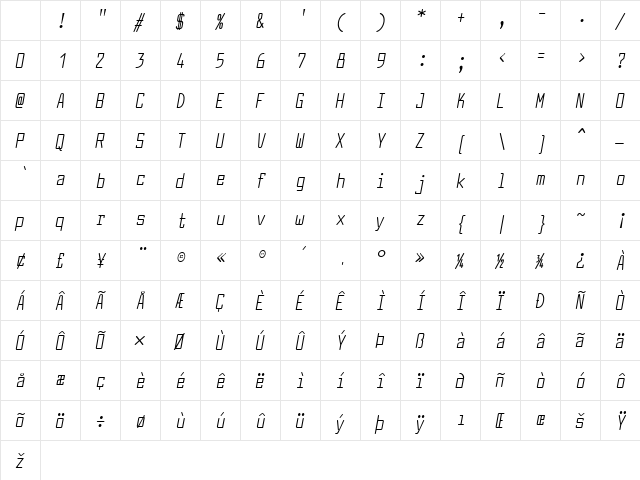 Larabiefont Compressed Italic Character Map