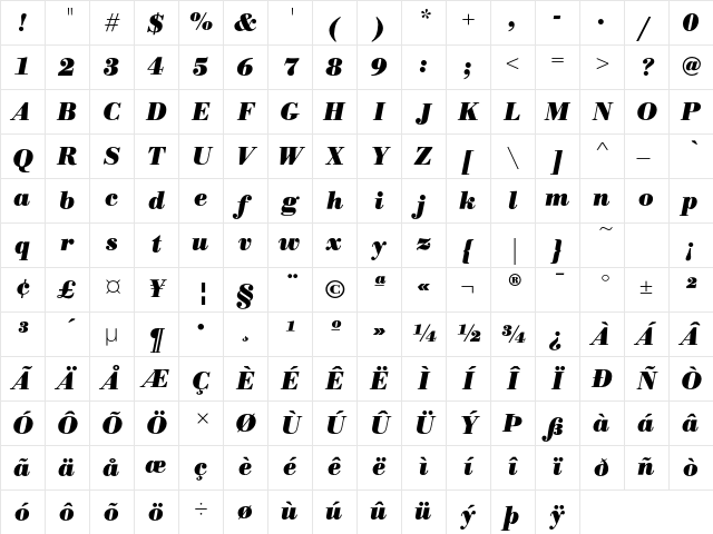 BodoniEF BoldIta Character Map