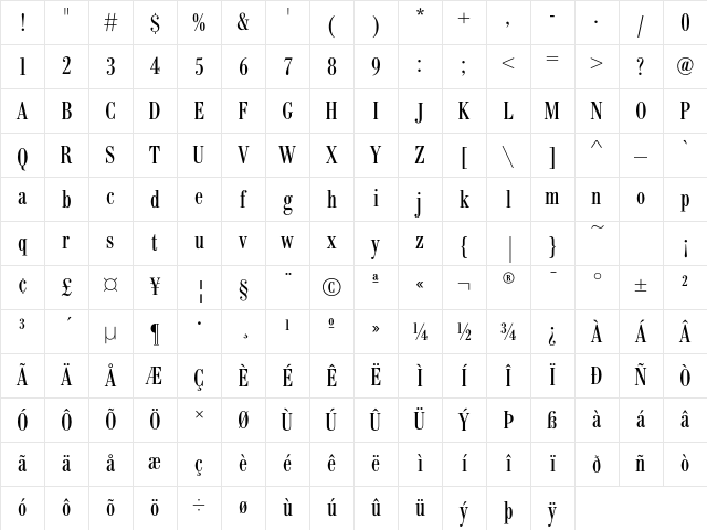 BodoniEF RegularCond Character Map