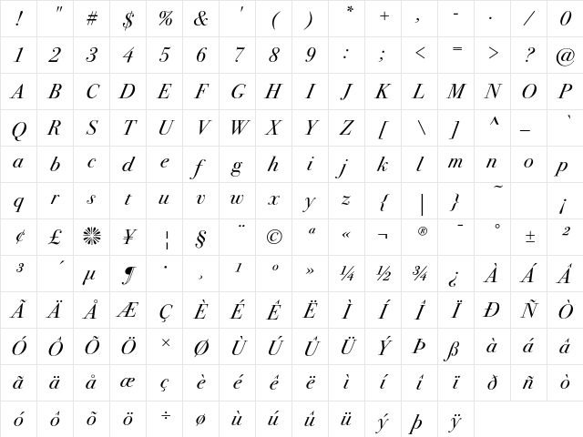 BodoniSeventytwoEF BookIta Character Map BodoniSeventytwoEF BookIta Character Map