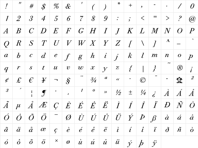 Bodoni Twelve ITC Book Italic Character Map Bodoni Twelve ITC Book Italic Character Map