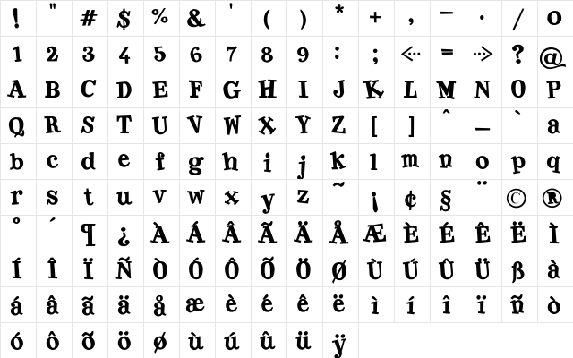 Bolbody Bold Character Map