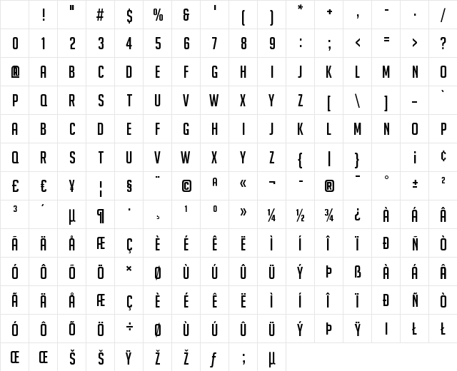 BigNoodleTitling Regular Character Map