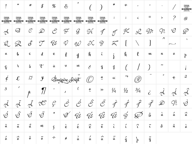 Bonspire Script PERSONAL USE Regular Character Map