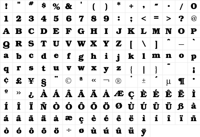 Bookman Bold Character Map