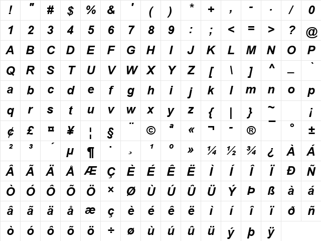 Arial Bold Italic Character Map
