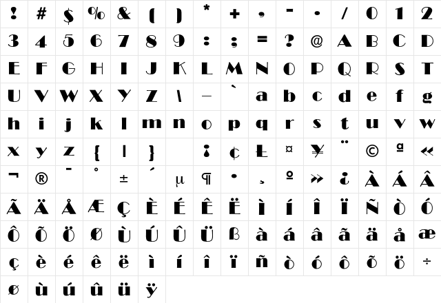 Broadway Regular Character Map