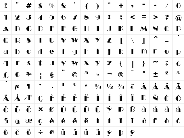 Broadway Engraved Character Map