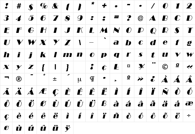 BroadwayItalic Regular Character Map