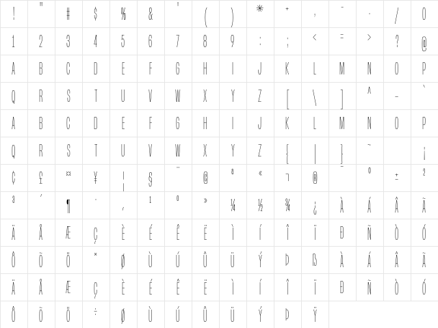 Built Titling ExtraLight Character Map