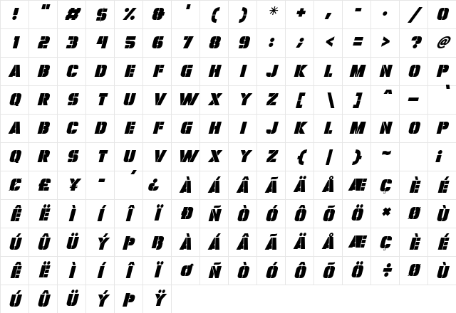 Bulletproof Italic Character Map