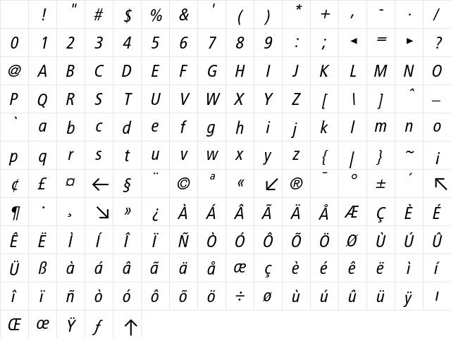 BVGNormalKursiv Regular Character Map