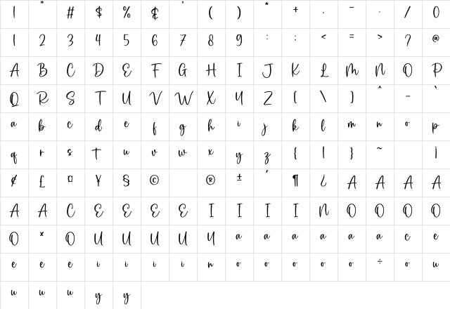 Calanthe Regular Character Map Calanthe Regular Character Map