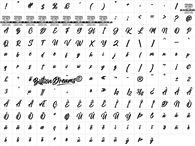 Billion Dreams Regular Character Map Billion Dreams Regular Character Map