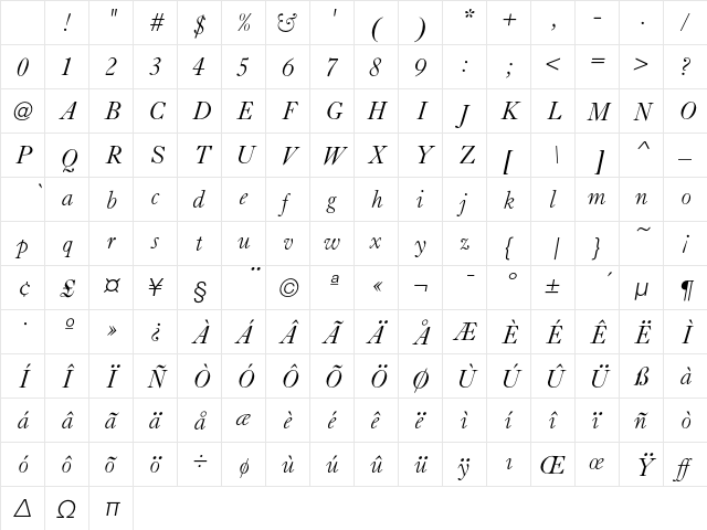 CaslonC37 LightItalic Character Map