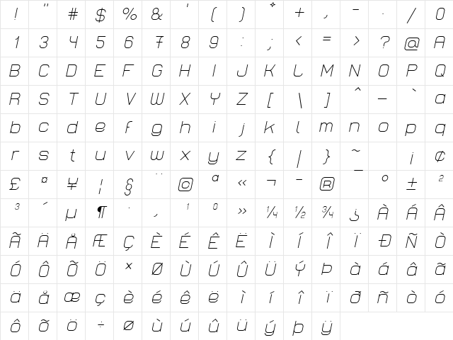 Lastwaerk light Oblique Character Map
